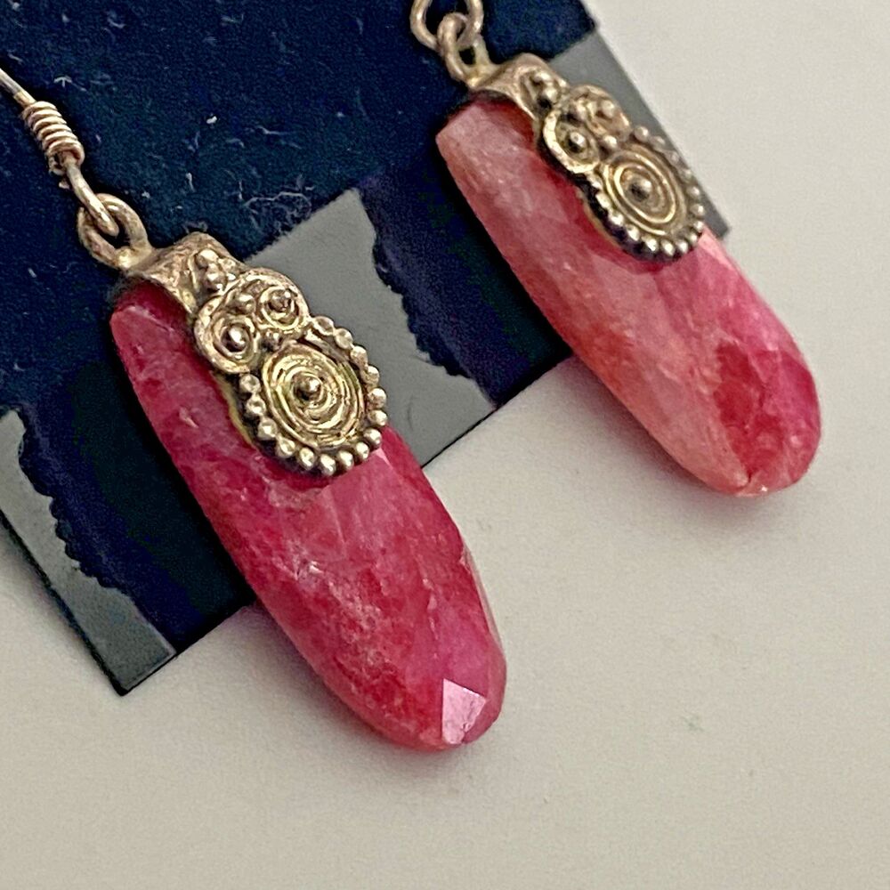 Sterling Silver Pink Gemstone Faceted Teardrop Dangle Earrings Bali Style 925